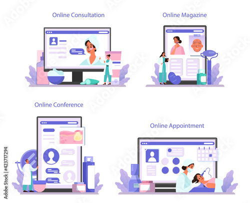 Cosmetologist online service or platform set, skin care and treatment.