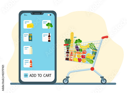 Online food ordering. Smartphone, app and grocery cart. Vector illustration.