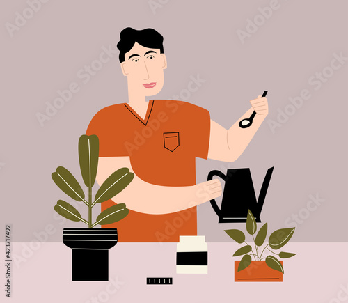 A person caring for home flowers. Vector flat illustration with man fertilizing a houseplant