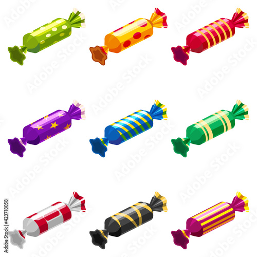 Set candy isometric wrapped festive bonbon caramel color. Vector