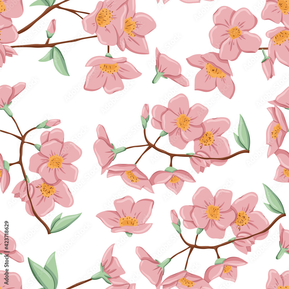 Fresh pink flowers on branch with leaves seamless pattern. Vector hand drawn illustration of spring flowers.
