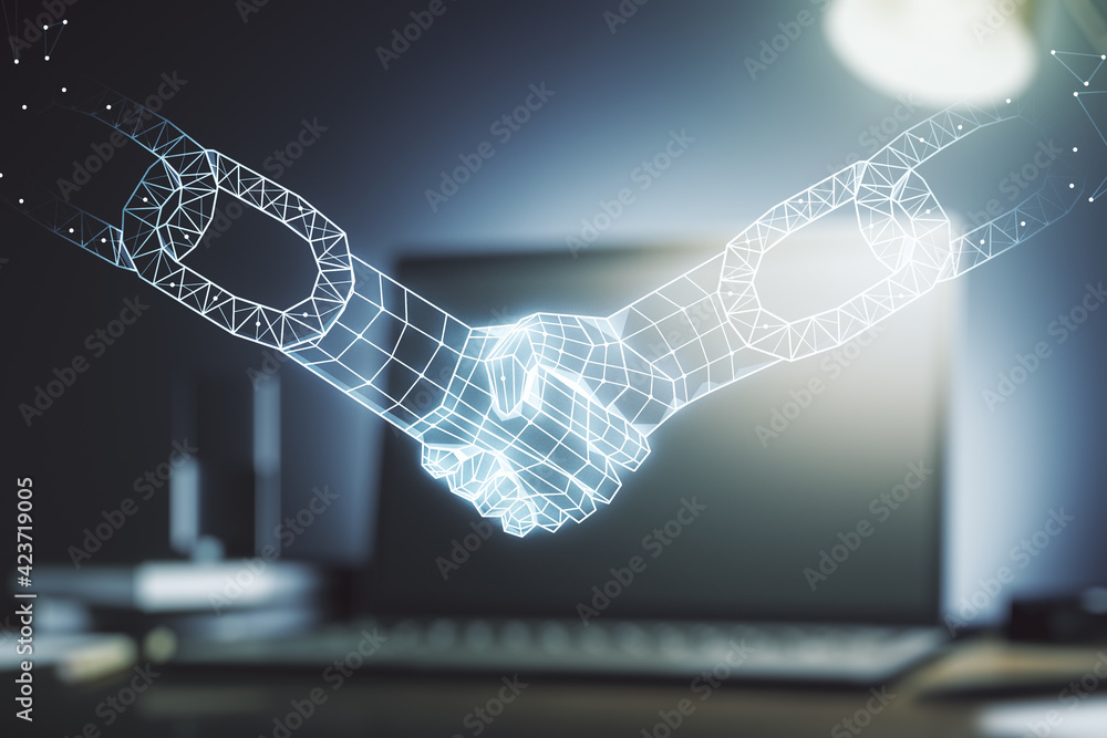Obraz premium Double exposure of blockchain technology with handshake hologram on laptop background. Research and development decentralization software concept