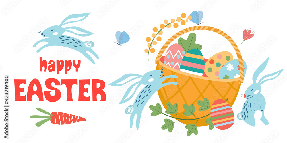Happy Easter. A basket of painted eggs. Vector illustration. Happy Easter. A basket of painted eggs. Vector illustration.
