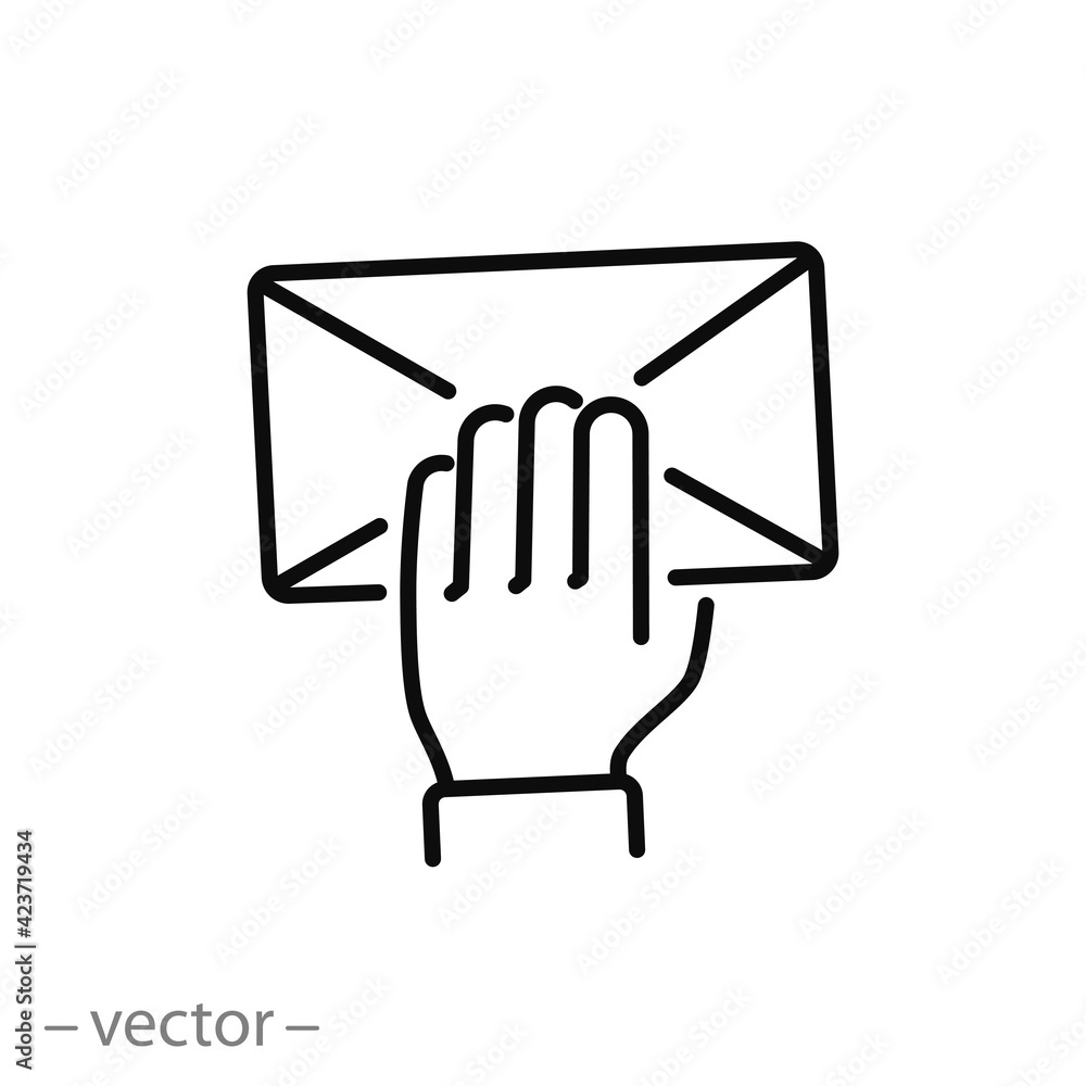 mail in the hand, icon, postman delivery, mailman concept, email messenger, new paper letter, thin line symbol on white background - editable stroke vector eps10 mail in the hand, icon, postman delivery, mailman concept, email messenger, new paper letter, thin line symbol on white background - editable stroke vector eps10