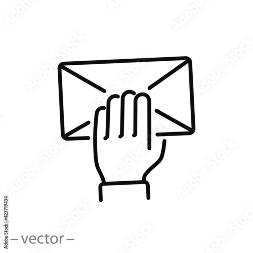 mail in the hand, icon, postman delivery, mailman concept, email messenger, new paper letter, thin line symbol on white background - editable stroke vector eps10