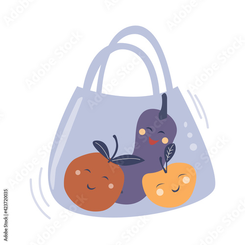 Eco canvas bag hand drawn cartoon vector illustration. Kawaii smiling orange, apple and eggplant on cotton natural bag. Purchase of fresh fruits and vegetables. Textile ecobag for products. 