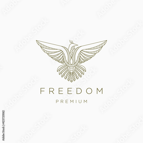 Fly bird freedom mono line logo icon design template. Line, elegant, falcon, eagle, flat vector illustration