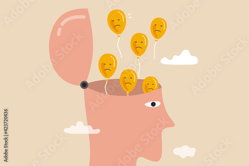 Relaxation to let anxiety and negative thought fly away, mentally relieve or mindfulness to cure depression, open head to let balloons with sad and unhappy face fly away Fototapet