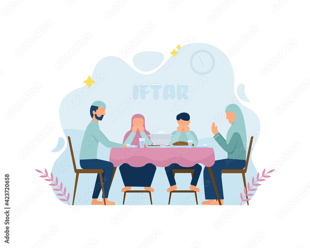 Iftar Eating After Fasting feast party concept. Moslem family dinner on Ramadan Kareem or celebrating Eid with people character. web landing page template, banner, presentation, social media