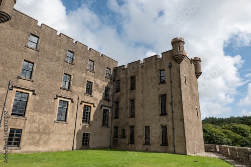 Perspective view of Dunvegan Castle at Isle of Skye, Scotland without tourists