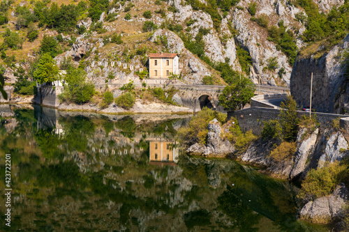 Lake San Domenico with Eremo di San Domenico near Scanno, Province of L'Aquila, region of Abruzzo, Italy photo