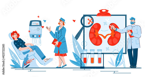 Kidney failure, pyelonephritis and other urology diseases treatment banner. Kidney health concept with patients and doctors, cartoon vector illustration isolated on white background. 