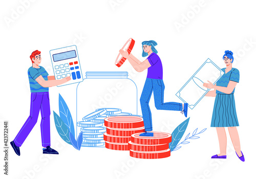 Money saving and budget economy, accounting and finance management with people putting coins into moneybox. Family and business finance, cartoon vector illustration isolated on white background.