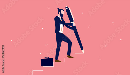 Create your own career path and success - Entrepreneur walking up stairs while drawing with pen. Personal development concept. Vector illustration.