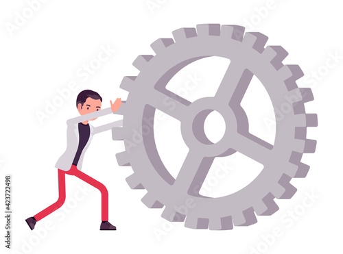 Smart young businessman, entrepreneur, owner, business manager pushing giant gear. Office worker professional look in casual attire. Vector flat style cartoon illustration isolated on white background