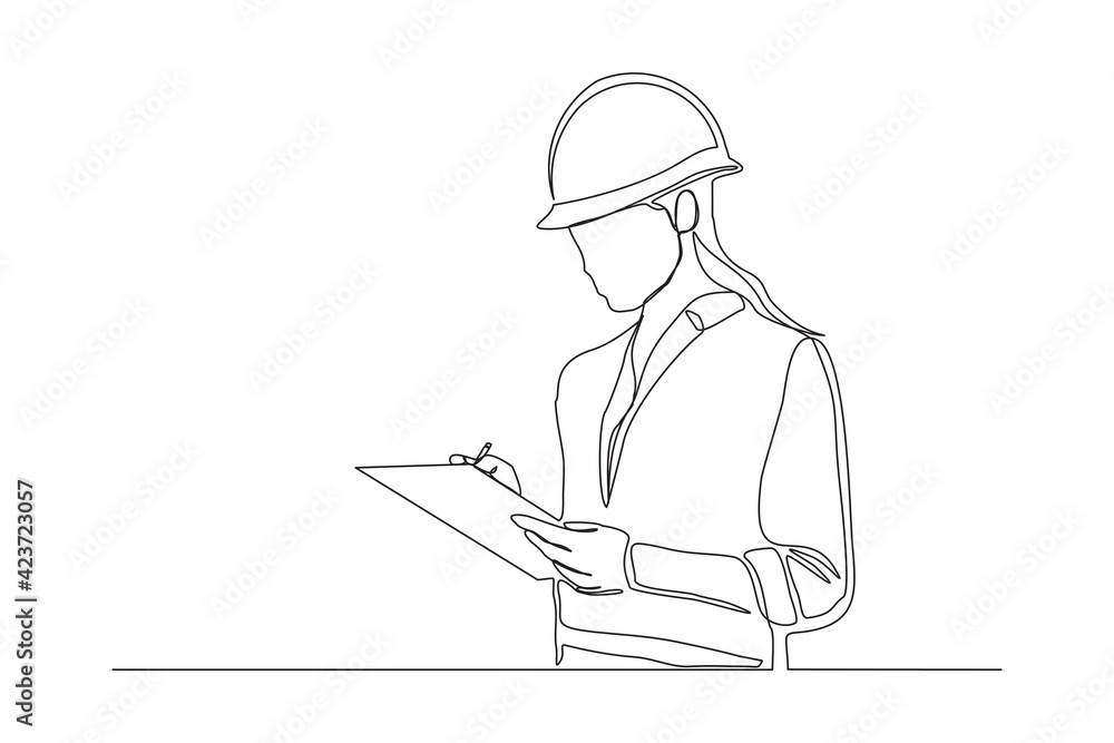 Continuous line drawing of young female architect engineer worker standing while write business note on paper at clipboard wearing safety helmet. One single line business woman workshop concept. Vecto Continuous line drawing of young female architect engineer worker standing while write business note on paper at clipboard wearing safety helmet. One single line business woman workshop concept. Vecto