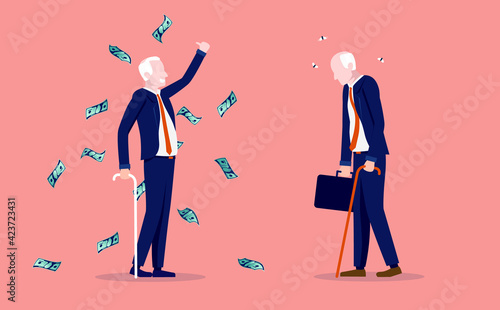 Retirement inequality - Two retired seniors, one rich and one poor. Unequal pension concept. Vector illustration.