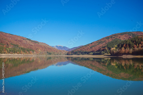 Amazing autumn landscape in the mountains with river and colorful trees on backdrop. Beautiful autumn background. Fall near Tereblia reservoir, Carpathian Mountains, Ukraine. 