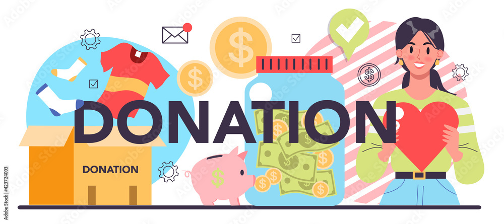 Donation typographic header. People or volunteer donate stuff to help