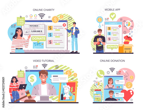 Charity online service or platform set. People or volunteer donate