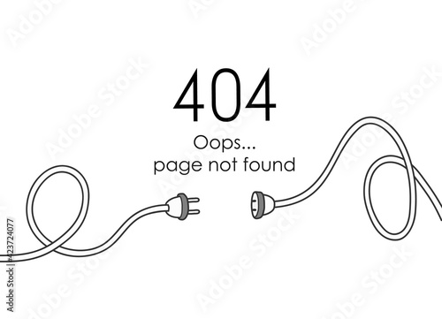 404 error page not found, a vector background of internet error page with two disconnected power cables, isolated on white background.