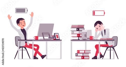 Smart businessman, manager full with energy, empty at working place. Happy and tired office worker professional look in casual attire. Vector flat style cartoon illustration isolated, white background