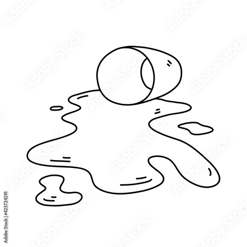 Spilled water on the floor from drinking glass, hand drawn doodle illustration of drinking water spilled on the floor, isolated on white background.