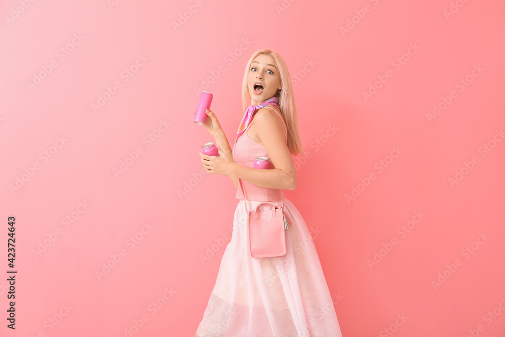 Surprised young woman with soda on color background Surprised young woman with soda on color background