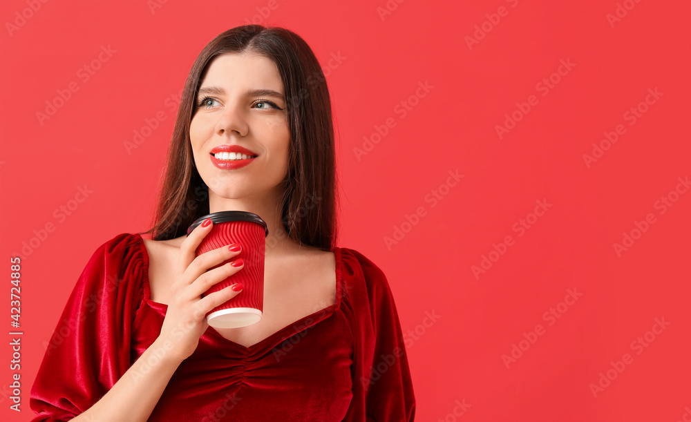 Young woman with beautiful manicure and coffee on color background Young woman with beautiful manicure and coffee on color background
