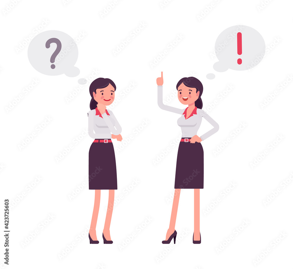 Smart businesswoman, business manager, exclamation, question mark bubble. Attractive office worker professional look, formal attire. Vector flat style cartoon illustration isolated on white background Smart businesswoman, business manager, exclamation, question mark bubble. Attractive office worker professional look, formal attire. Vector flat style cartoon illustration isolated on white background
