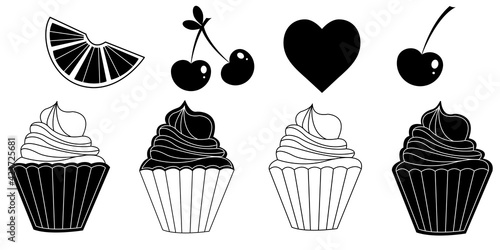 Vector set of black and white icons of cupcakes, cherry, heart, orange, sweet candy. Bakery logo, sweet logo isolated on white background