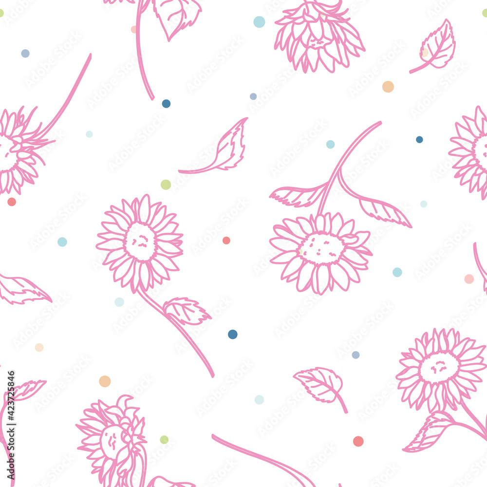 Vector Pink Sunflower Lineart with Colorful Confetti seamless pattern background. Perfect for fabric, scrapbooking and wallpaper projects.