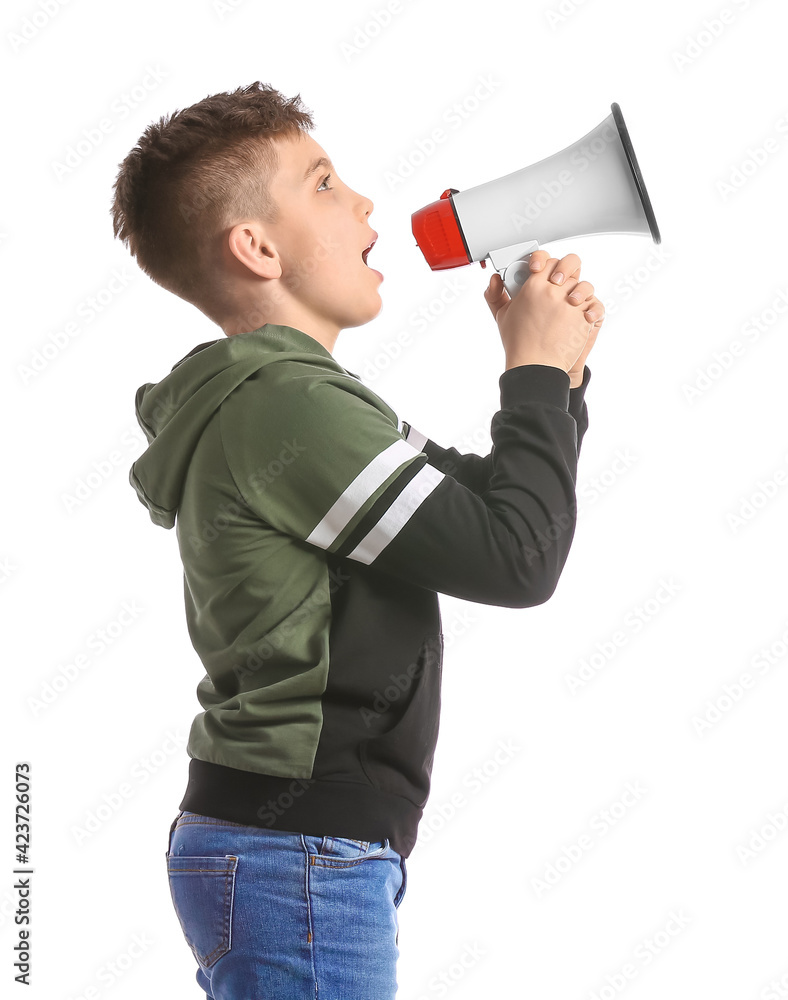 Screaming little boy with megaphone on white background Screaming little boy with megaphone on white background