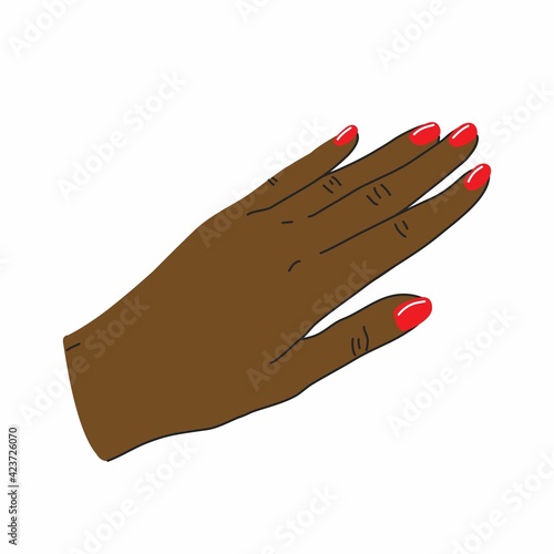 Straightened black female hand with red manicure in cartoon flat style. Vector illustration isolated on white background.