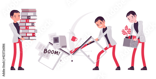 Smart businessman, business manager overload with paperwork, smashing computer, fired worker. Office worker professional look. Vector flat style cartoon illustration isolated on white background