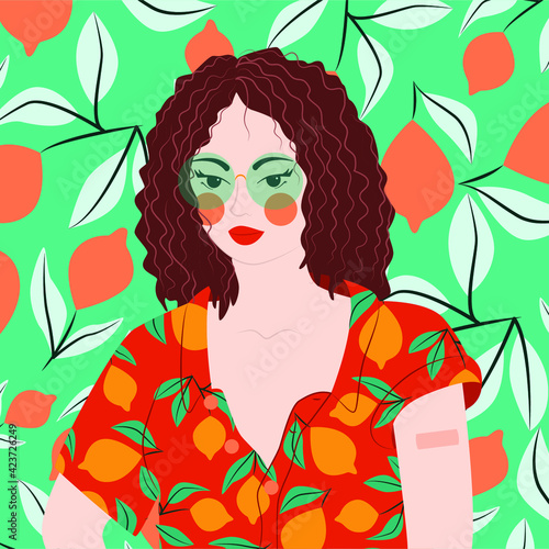 Illustration of a beautiful girl in shirt with lemons showing vaccinated arm.  Character illustration in cartoon style. Bright summer print.
