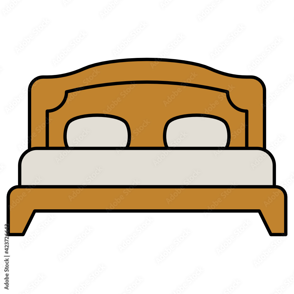 Wooden Bed with Pillows Cushions Concept Vector color line Icon Design, Interior design Symbol, Home Office decoration Sign, Residential and Commercial Decor Elements stock illustration, Bedroom View