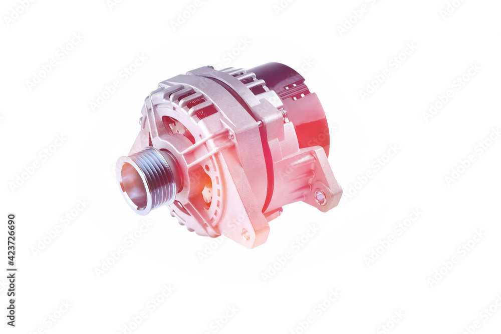 car generator, car electrical network element, toned image on white background, close-up car generator, car electrical network element, toned image on white background, close-up