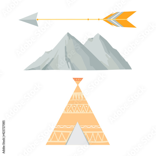 
indian wigwam with montain and arrow