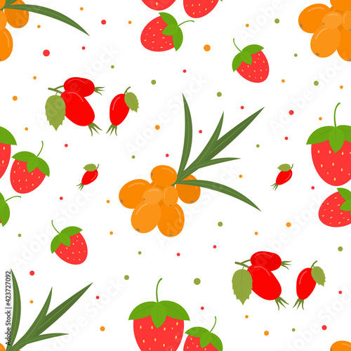 Pattern with sea buckthorn berries, strawberries and rose hips. Vector illustration.