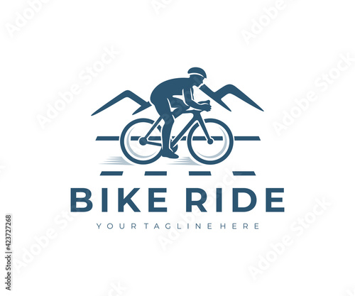 Cycling, bike ride, man on bike and mountains, logo design. Cyclist, bike cyclist, bicycle, cycle or velocipede, vector design and illustration