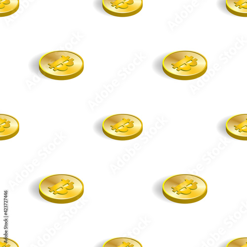 Seamless pattern. 3D gold bitcoins with shadows and staggered on a white background