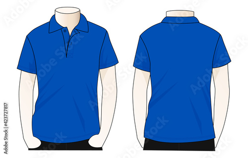 Men's blank blue short sleeve polo shirt template vector.Front and back view.