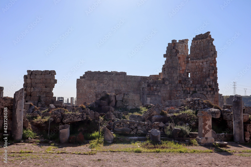 ruins of the southern roman baths in ancient city Perge near Antalya, Turkey