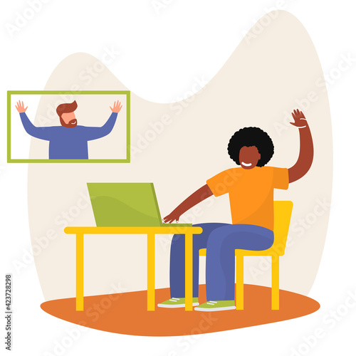 Vector flat concept with laptop and african american man on screen at home recording video on webcam. Remote work by bloggers, podcast hosts, teachers using online stream servises in quarantine time