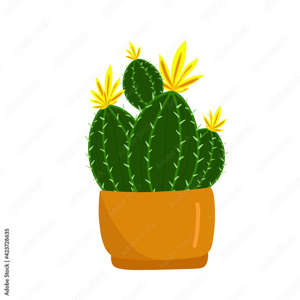 ..Prickly green cactus blooms with yellow flowers in a brown pot, tropical plant, home flowers in cartoon style, vector object, hand draw, isolate white background. ..Prickly green cactus blooms with yellow flowers in a brown pot, tropical plant, home flowers in cartoon style, vector object, hand draw, isolate white background.