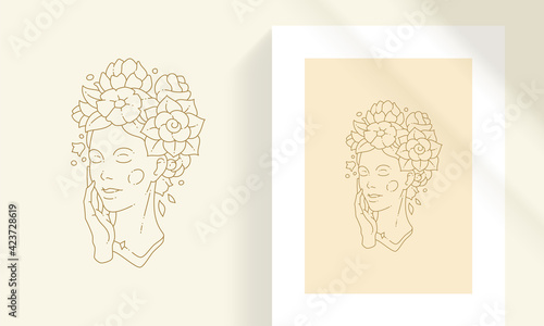 Beauty female with flower wreath on head line art style vector illustration.