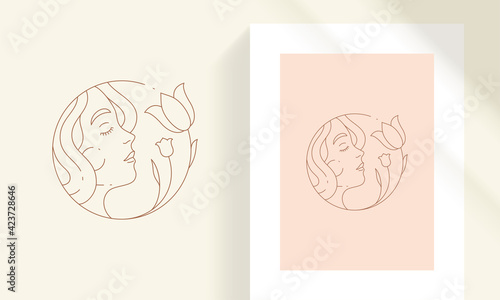 Beauty female face with flowers line art style vector illustration.