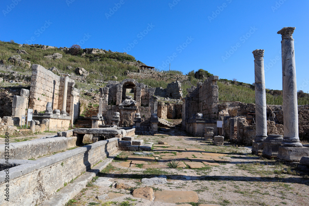ruins of Nymphaeum in archaeological site ancient city Perge, near Antalya, Turkey