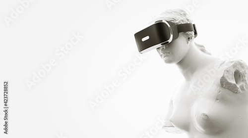 VR headset  future technology concept banner. 3d render of the white statue  woman wearing virtual reality glasses on white background. VR games. Thanks for watching